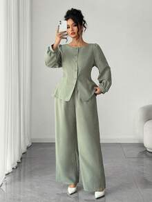 SHEIN Elenzya Camisa elegante de fiesta con cintura ceñida de unicolor talla grande, pantalones holgados elegantes de fiesta con cintura ceñida de unicolor de longitud regular, conjunto de 2 piezas para mujer, otoño/invierno