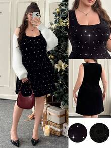 CovetEZ Rochie de petrecere din catifea, cu bretele și strasuri, mărime plus, toamnă/iarnă - Negru - Vizualizare 5