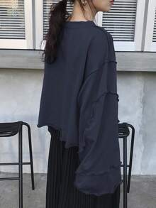 FRIFUL Women's Loose Cropped Sweatshirt With Ruffle Hem, Grey, Spring - Navy Blue - View 4