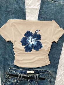 Attitoon 蓝色花卉图案女式休闲褶皱腰露肩紧身短袖 T 恤，适合夏季 - 杏色 - 查看 3