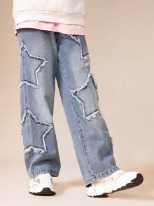 SUMWON Distressed Ripped Denim Jeans With Star Patches Wide Leg Casual Streetwear Style - Light Wash - View 3