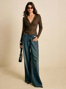 Poéselle 女士时尚休闲蕾丝边V领长袖T恤，优雅女式衬衫，棕色上衣，波西米亚风，舒适秋冬款，新年必备，适合日常穿着、外出、通勤等场合。 - 棕色 - 查看 3