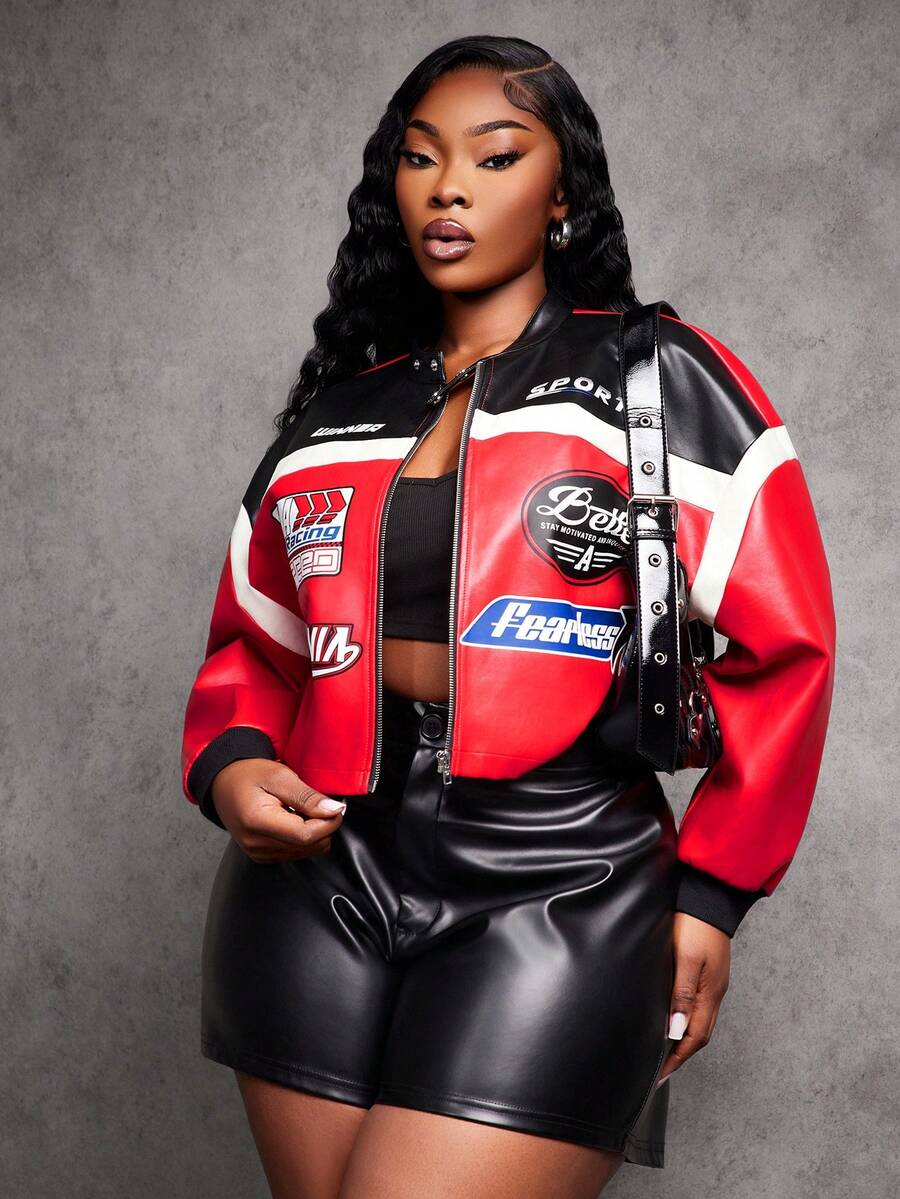 SHEIN SXY Áo khoác da PU ngắn họa tiết chữ màu cỡ lớn dành cho nữ, Áo khoác mô tô/đua xe/phi công, Áo khoác ngoài đa năng cho mùa thu/đông Áo khoác đua xe dành cho nữ Áo khoác đua xe màu đỏ và đen dành cho nữ Áo khoác mô tô dành cho nữ Áo khoác thể thao dành cho nữ; Áo khoác đua xe bằng da - Nhiều màu - Xem 1