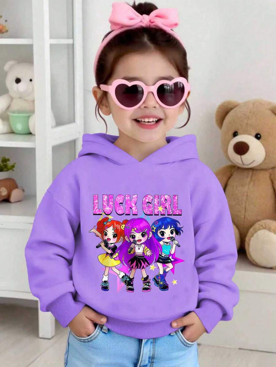 Young Girl Cartoon Cute K-POP Girl & Letter Print Purple Hooded Sweatshirt, Suitable For Autumn/Winter - Purple - View 1