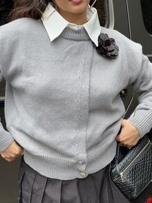 NegzBox Women's Casual 3D Floral Decorative Crew Neck Dropped Shoulder Long Sleeve Sweater, Autumn & Winter,Long Sleeve Tops Knit Pullover Fall Outfit - Dark Grey - View 3