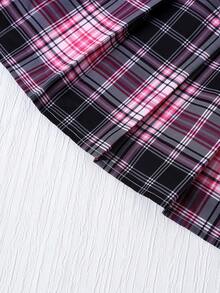 Sparklyn Girls' Plaid Collared Splice Preppy Style Cardigan With Puff Sleeves And Elastic Waist Pleated Skirt, Suitable For Spring/Autumn School, Commute, Outing, Stroll, Paired With Coats, Jackets