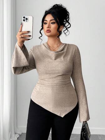 Elenzga Plus Size Women Asymmetric Hem T-Shirt, Fashionable & Elegant Cold-Shoulder Casual Blouse, Versatile Holiday Outfit