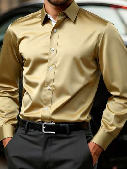 Manfinity Mode Men's Business Casual Twill Glossy Patchwork Long Sleeve Shirt Business Champagne Shirt Business Shirts Champagne Shirt For Men Tan Shirts For Men Mens Luxury Shirts Gold Dress Shirt Men Old Money,Daily Leisure, Weekend Trips, Outdoor Activities, Travel Expeditions, Relaxed Work Environments Or Semi-Formal Occasions, Boyfriend/Husband Gift, Anniversary Gift Party Christmas
