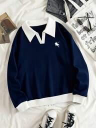 Glimmora Men's Fashionable Casual Contrast Color Notched Neck Long Sleeve Sweatshirt