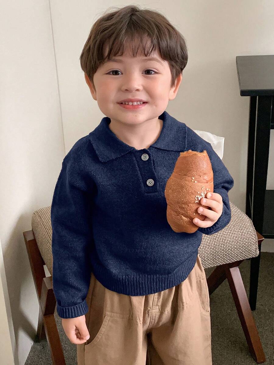 DAZY 幼儿男童休闲纯色翻领长袖毛衣,春秋季 - 藏蓝色 - 查看 1