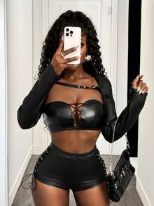 BamGleam Sexy Damen PU Leder Crop Top mit Kreuz-Design - Schwarz - Übersicht 7