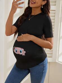 SHEIN Odzież Ciążowa Nadruk kreskówkowy Zakrzywiony brzeg Koszulka