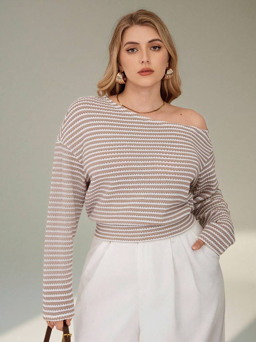 Auralis 新款休闲不对称肩部条纹宽松上衣，修身腰部，加大码，杏色短款弹力T恤 - 彩色 - 查看 1