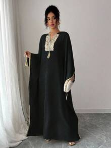 Rafferiza Women's V-Neck Fringe Design Batwing Sleeve Loose Long Dress Clothes For University - Black - View 3