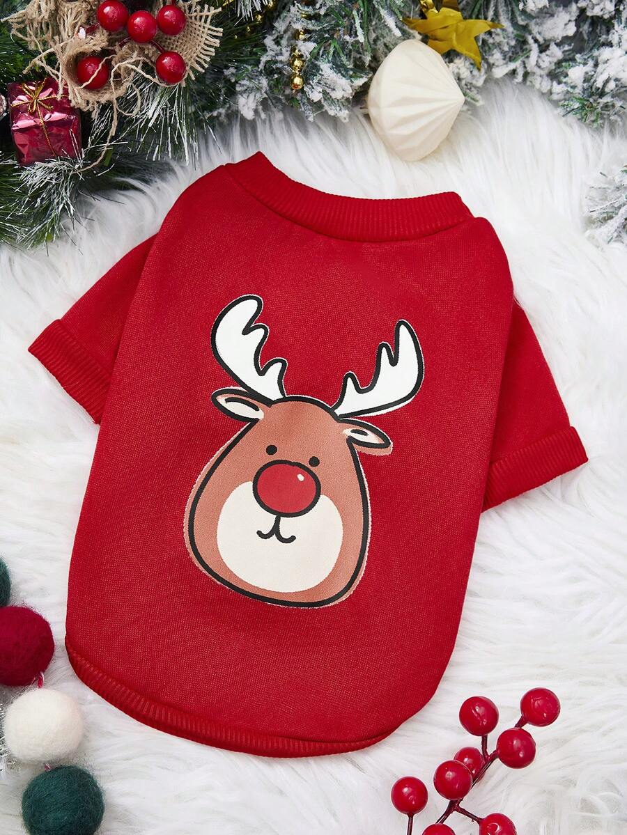 PETSIN 可爱卡通驯鹿印花休闲卫衣 - 紅色 - 查看 1