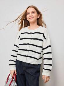 Tween Girl Round Neck Long Sleeve Drop Shoulder Casual Button Front Knit Cardigan Sweater Kids Sweaters Teen Girls Sweaters Cardigan Kids Girls - White - View 4