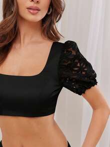 L'Amorae 女士时尚性感3D花卉网眼拼布超短上衣 - 黑色 - 查看 3