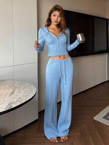 DAZY Women's Solid Color Knitted Casual Hooded Loungewear Set, Winter Pajamas - Blue - View 6