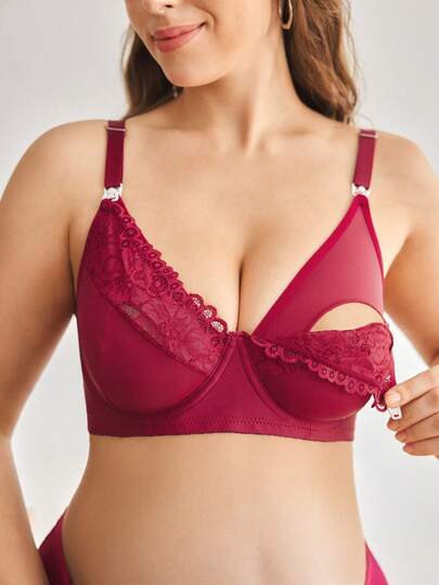 BloomMama 3 pièces Soutien-gorge d'allaitement avec patchwork en dentelle, armatures, fermeture frontale, clip, maternité et post-partum, grande taille, confort et chic automnal