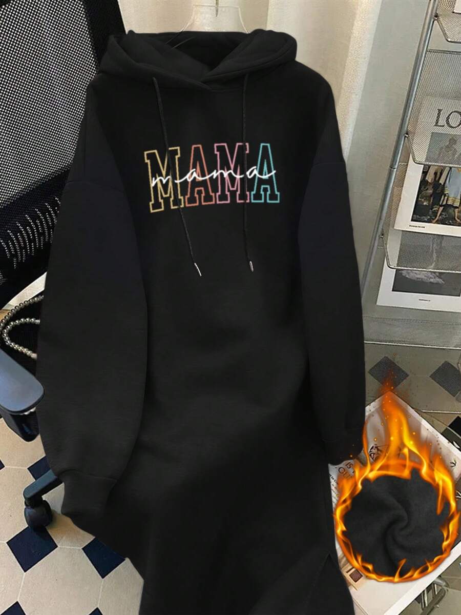 SHEIN 女式羊毛宽松连帽连衣裙，带抽绳和 MAMA 字母印花，黑色长袖运动衫图案妈妈装 - 黑色 - 查看 1