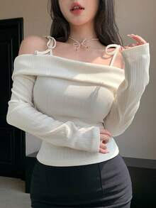 DAZY 女式露肩系带 T 恤，黑色，春夏 - 米色 - 查看 4