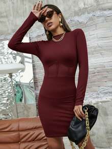 Zolique Vestido Casual de Manga Longa Minimalista de Cor Sólida para Mulheres - Vinho - Visão 5