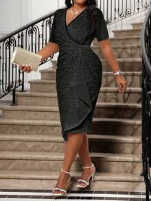 Fleurora Wiosenne i letnie eleganckie złote eleganckie retro wesele walentynki impreza noworoczna dzianinowy głęboki dekolt w serek z falbanką ze strasów nowość dopasowana sukienka plus size formalna sukienka na studniówkę plus size