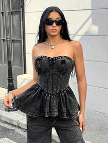 Jeanoix 女式 Y2K 荷叶边下摆时尚牛仔抹胸 - 黑色 - 查看 4