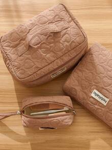 1/2/3 件新款牛津布化妆包高价值大容量便携方便旅行洗漱收纳包，带心形图案的化妆品收纳手提包 - 藕粉色 - 查看 2