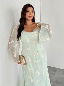 Firerie 加大码复古优雅花卉提花刺绣浪漫度假修身长裙，女式长袖圆领宽松海滩度假连衣裙 - 綠色 - 查看 5