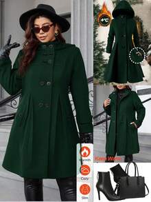 Ellevyn 大码纯色双排扣连帽长袖束腰大衣 - 墨綠色 - 查看 11