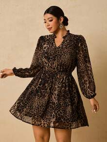 Travachic 大码女式雪纺豹纹长袖连衣裙，V 领系腰 A 字短裙，秋冬分层连衣裙 - 卡其色 - 查看 4