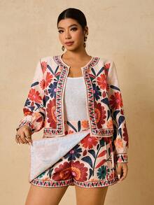 Travachic Conjunto de 2 peças de jaqueta e saia-calça plus size feminina com estampa floral damasco, roupa romântica para encontros de outono/inverno - Damasco - Ver 5