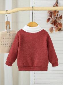 SHEIN Baby Boys' V-Neck 2 In 1 Knitted Sweater, High Collar Knit Pullover For Autumn/Winter - Red - View 2