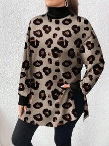 SHEIN CURVE+ 大码休闲豹纹高领长款T恤，秋冬款 - 彩色 - 查看 4