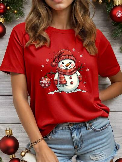 SHEIN Essnce Casual Minimalist Christmas Snowman Print Loose Fitting Round Neck Short Sleeve Women T-Shirt, Suitable For Summer