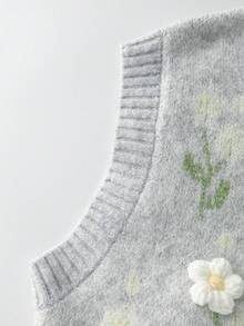 Franclia 女士优雅时尚简约百搭通勤修身圆领花束图案 3D 花朵毛衣背心，秋冬