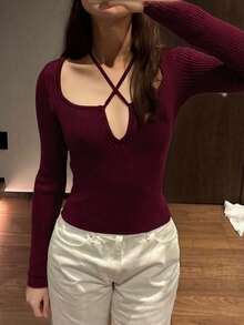 Zielony Women's Fashionable Sexy Solid Color Ribbed Long Sleeve Sweater, Autumn/Winter - Burgundy - View 3