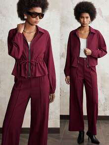 SHEIN LUNE 全新女式纯色翻领系带夹克套装 - 酒紅色 - 查看 1