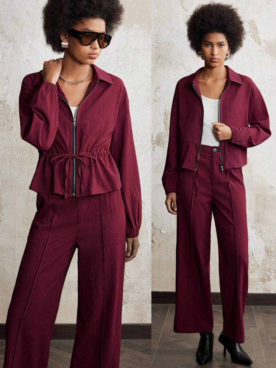 SHEIN LUNE 全新女式纯色翻领系带夹克套装 - 酒紅色 - 查看 1