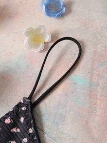 FloralLove Black Floral Jacquard Knit 3D Flower Romantic Countryside Style Black Thong Panties, Women's Floral Thong Underwear