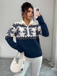 SHEIN Elenzya 优雅女士毛衣，费尔岛图案，拼色拉链毛衣，圣诞图案，秋冬毛衣 - 藍色 - 查看 5