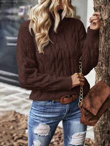 EMERY ROSE Jersey de punto casual de cuello alto,unicoloro, hombros caídos y manga larga con trenzado - Café integral - Ver 3