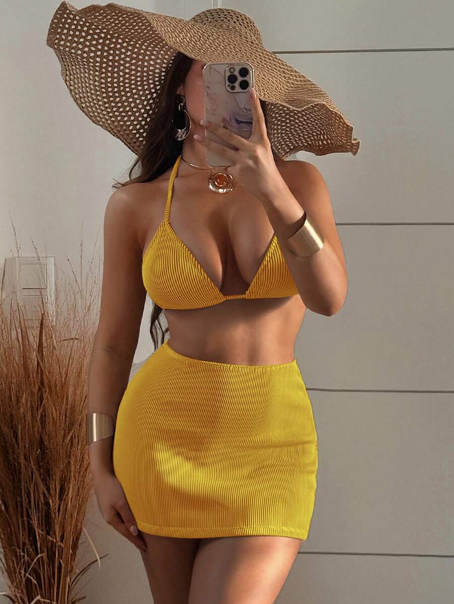 Bonvoyette 女性夏季海灘純色頸掛比基尼套裝，連裙套裝3入組