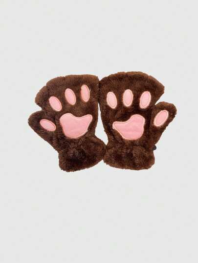 Kawaii Cute Cartoon Cat Paw Embroidered Fingerless Gloves, Warm Plush Half Finger Gloves For Cosplay, Casual Outdoor Use In Autumn/Winter