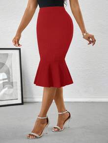 SHEIN Lady Falda lápiz elegante con volantes en el bajo, ajustada, color rojo, adecuada para ir al trabajo - Rojo - Ver 6
