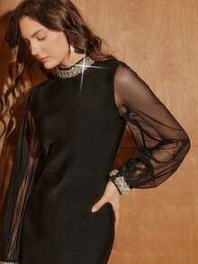 Anewsta 女士黑色水钻装饰长袖绷带罗纹连衣裙，优雅正式礼服，适合派对、婚礼、秋季、冬季、春季、新年等场合。