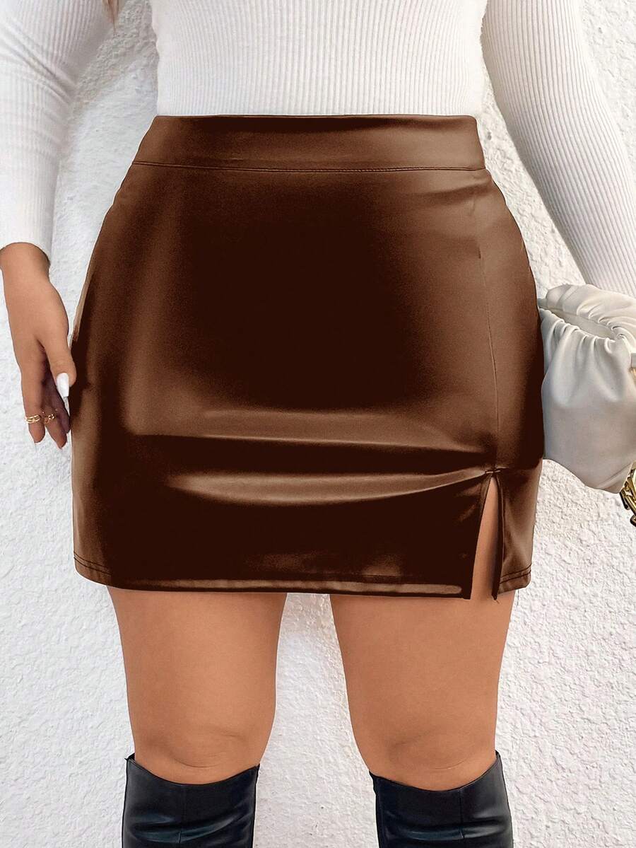 SHEIN Frenchy Falda ajustado con abertura alta y dobladillo envuelto, talla grande, para primavera - Café integral - Ver 1