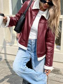Serisse Women's Casual PU Leather Jacket With Faux Fur Trim Zipper Front, Autumn Winter Christmas New Year Red Burgundy - Burgundy - View 4