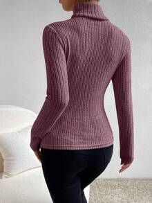 SHEIN Frenchy 长袖高领纹理面料 T 恤 - 中紫紅色 - 查看 2